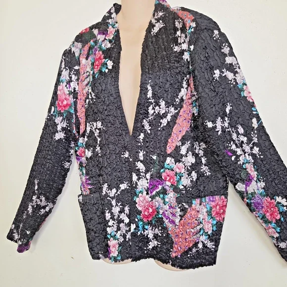 Asian Inspired Floral Top Jacket XL Reversible Textured Crinkle Super Stretchy - Picture 2 of 16